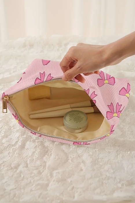 Pink Bow Tie Print Corduroy Makeup Bag