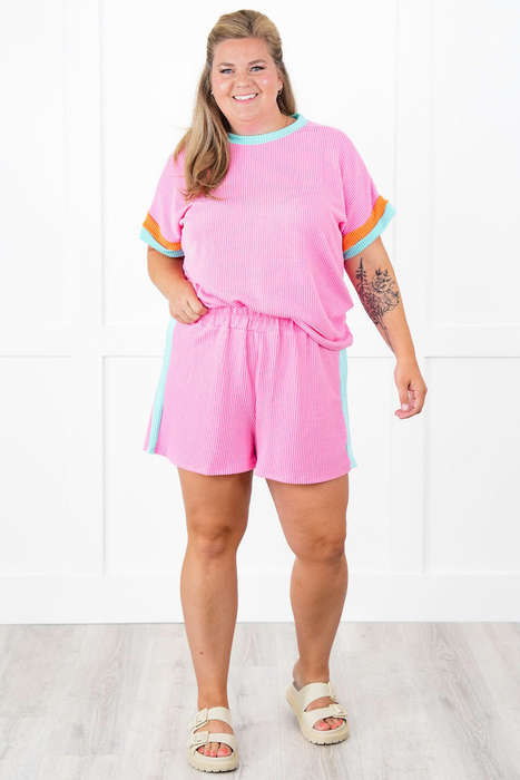 Bonbon Plus Size Color Block Corded Knit Tee and Shorts Set