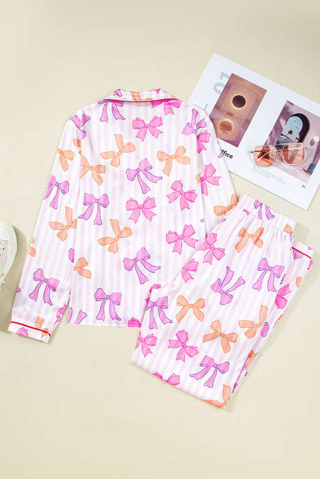 Pink Striped Bow Print Contrast Piping Trim Shirt and Pants 2pcs Pajama Set