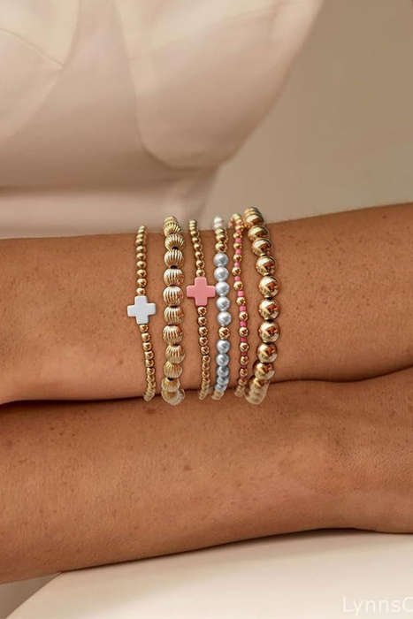 Gold Plated Beading Pearl Cross Decor Multilayer Bracelet