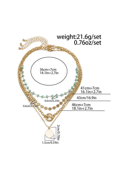 Gold Plated Toggle Disc Detail Turquoise Heart Beads 4pcs Necklace Set
