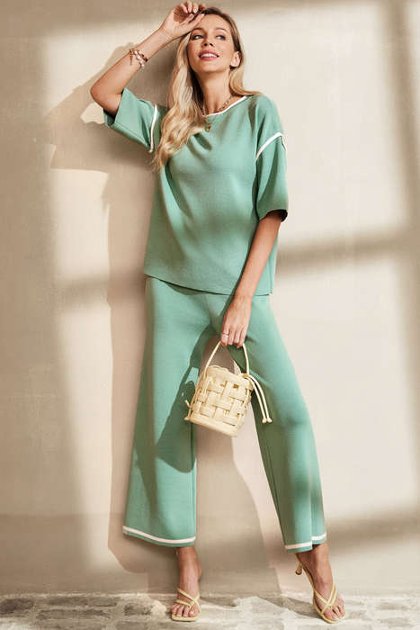 Canton Contrast Trim Half Sleeve Top Drawstring Pants Loose 2pcs Sweater Suit
