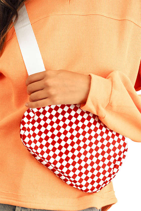 Fiery Red Checkered Print Zipped Buckle Strap Crossbody Bag