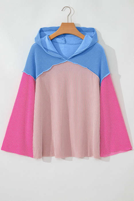 Pink Color Block Patchwork Corded Knit Loose Fit Hooded Blouse