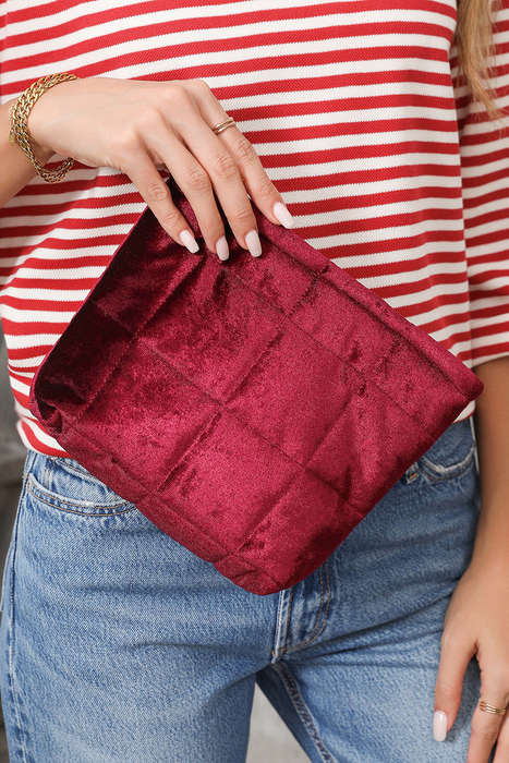 Burgundy Quilted Velour Zipper Cosmetic Organize Pouch