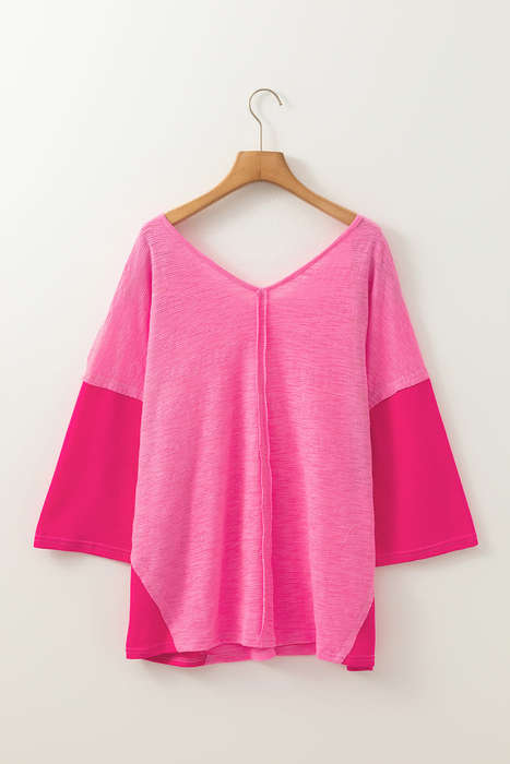 Sachet Pink Contrast Patchwork 3/4 Sleeve V Neck Loose Blouse