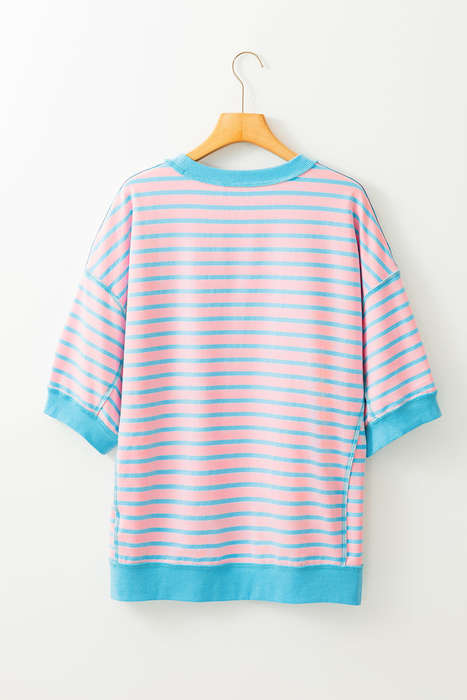 Pink Stripe Oversized Contrast Trim Exposed Seam High Low T Shirt