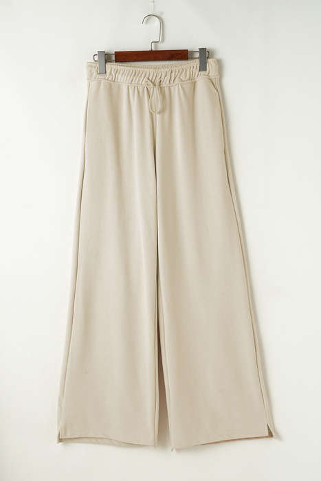 Apricot Loop Drawstring Elastic Waistband Casual Wide Leg Pants