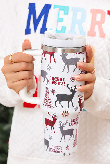 White Merry Christmas Tree Snowflake Elk Print Handle Tumbler