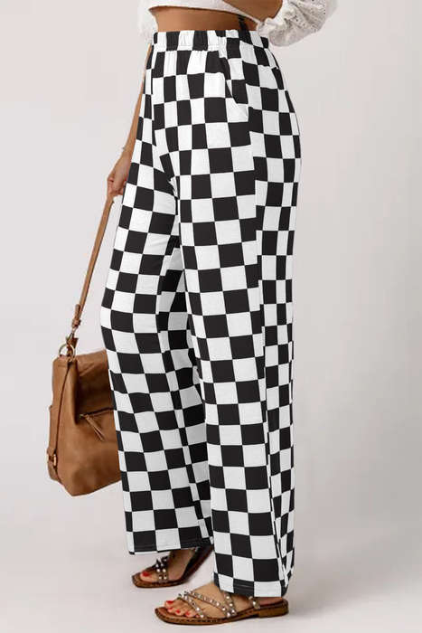 Black 2-Tone Checked Print High Waist Wide Leg Pants