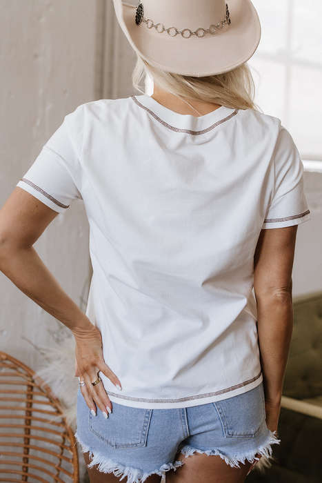White RODEO Horseshoe Embroidered Patch Pocket T Shirt