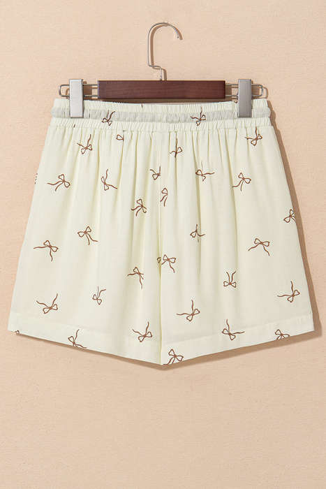White Bow Print Lace Drawstring Elastic Waistband Casual Shorts