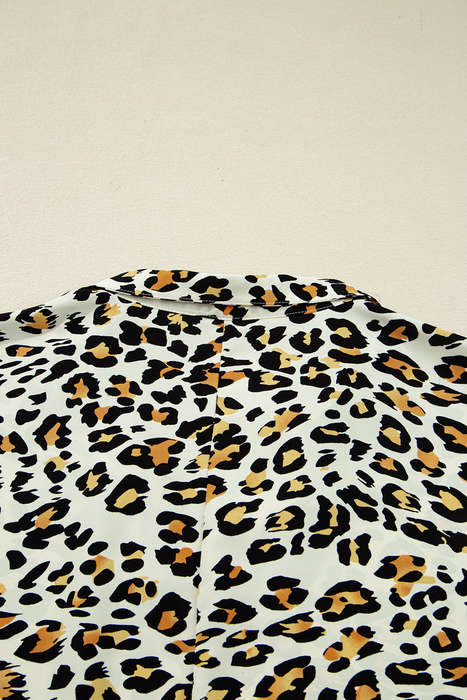 Khaki Leopard Print Contrast Striped V Neck Blouse