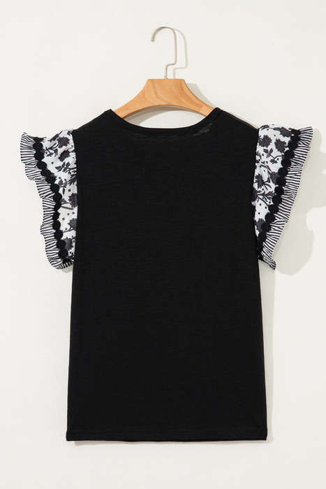 Black Ricrac Trim Printed Flutter Sleeve Contrast Patchwork Blouse