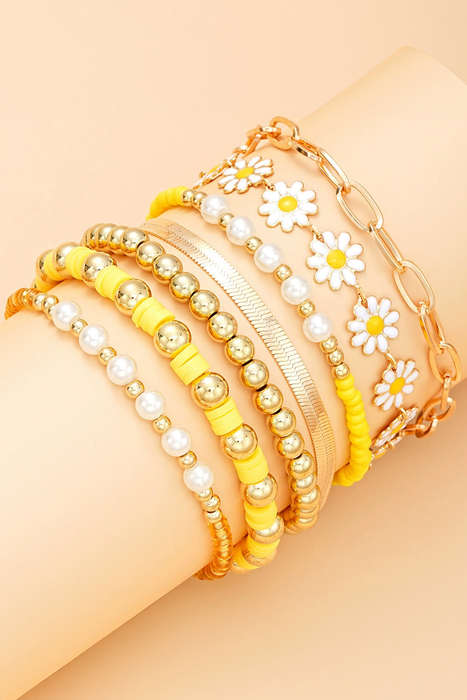Gold Daisy Beaded Chain Adjustable Multi Layer Bracelet Set