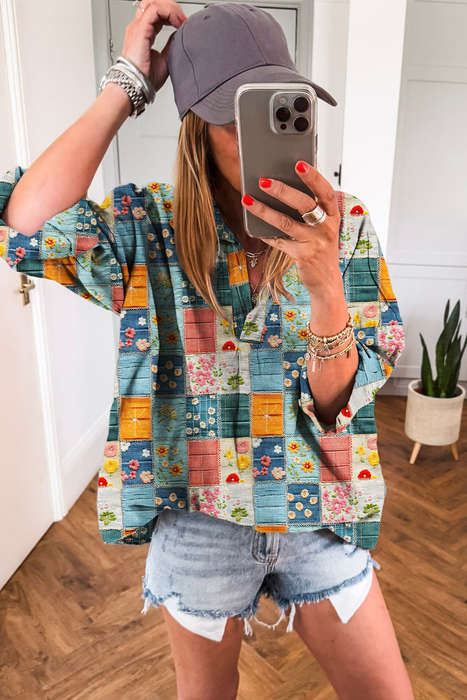 Sky Blue Floral Collared V Neck Roll up Sleeve Shift Blouse