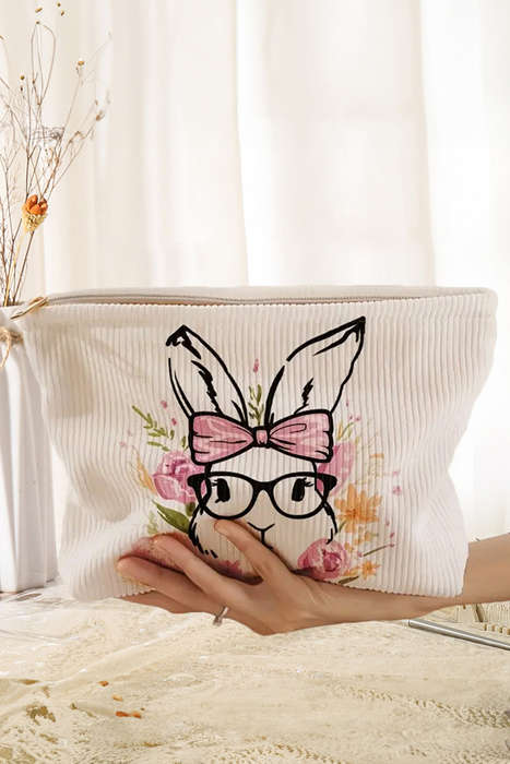 White Easter Bunny Print Corduroy Makeup Storage Bag