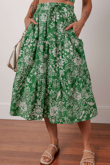 Green Floral Print Shirred Crop Top and High Waist Midi Skirt Set