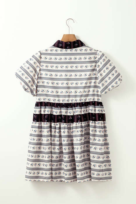Black Boho Floral Striped Contrast Trim Bubble Sleeve Flared Dress