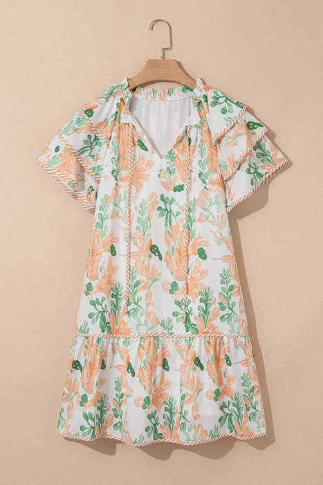 Orange Floral Contrast Edge Layered Short Sleeve Mini Dress