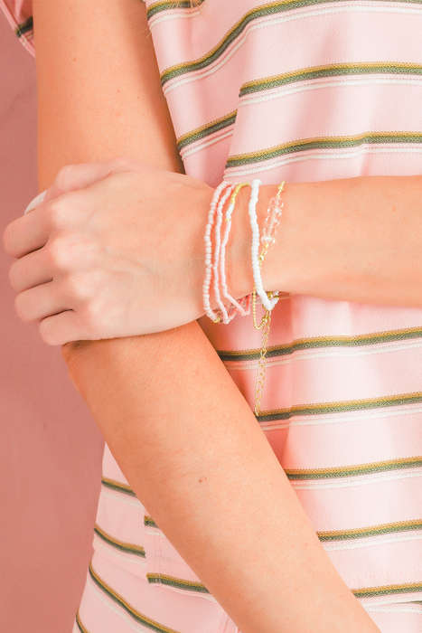 Pink Pearl Crystal Bead Detail 5pcs Elastic Bracelet Set