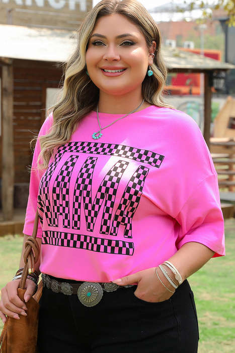 Bright Pink Checker MAMA Letter Printed Graphic Plus Size T Shirt