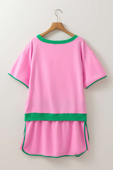 Bonbon Plus Size Contrast Trim T Shirt and Skirt Two Piece Set