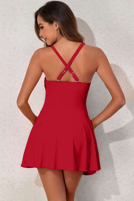 Racing Red U Neck Adjustable Straps Knotted Skirt Patchwork One Piece Swimsuit