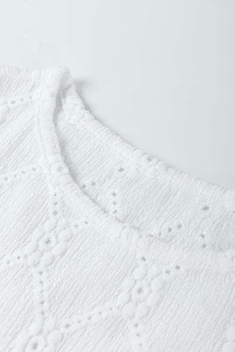 White Flower Geometric Textured Button Short Sleeve Top
