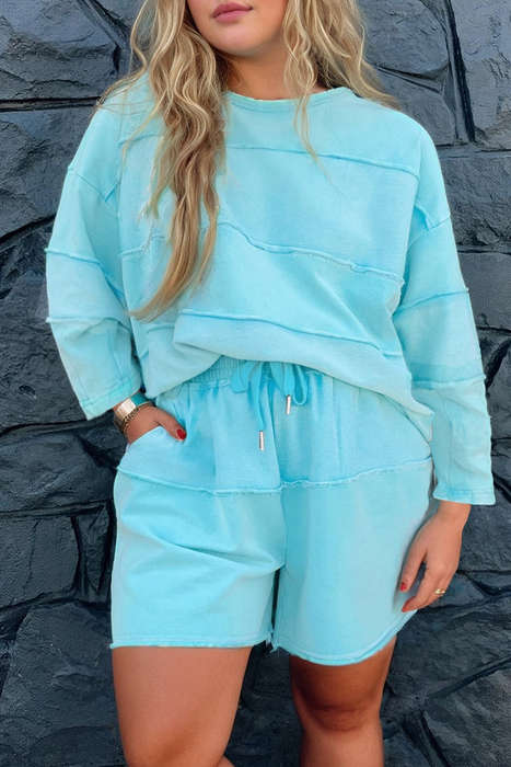 Aruba Blue Plus Size Solid Color Splicing Raw Hem Pullover Top Shorts Set
