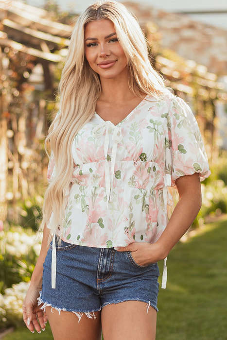 Pink Floral Puff Sleeve V Neck Tied Front Peplum Blouse