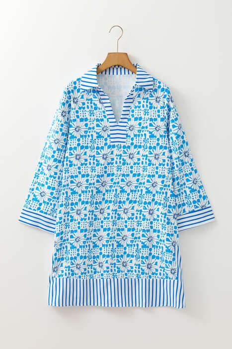 Sky Blue Contrast Striped Trim Floral Shift Fit Fall Dress