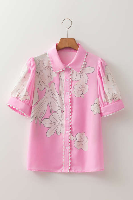 Rose Floral Ric Rac Edge Puff Sleeve Button Up Summer Shirt