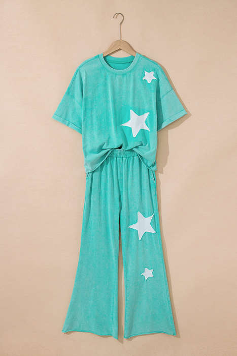 Mint Green Acid Wash Star Patched Rolled Trim Pants Set