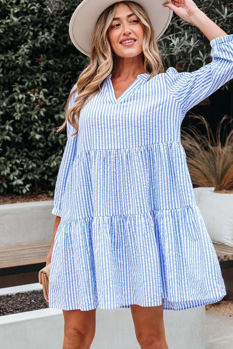 Sky Blue Stripe Bracelet Sleeve Tiered Shift Dress with Pockets