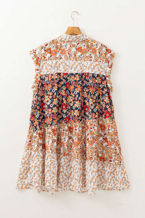 Beige Plus Size Floral Patchwork Button Front Collared Mini Dress