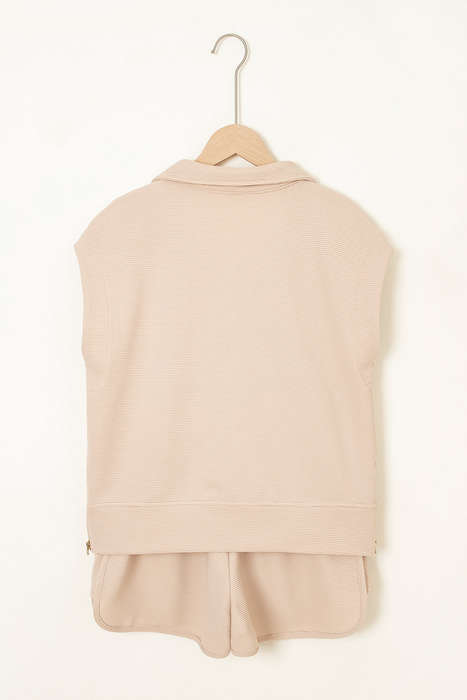 Parchment Textured Half Zip Kangaroo Pocket Top Drawstring Shorts Set