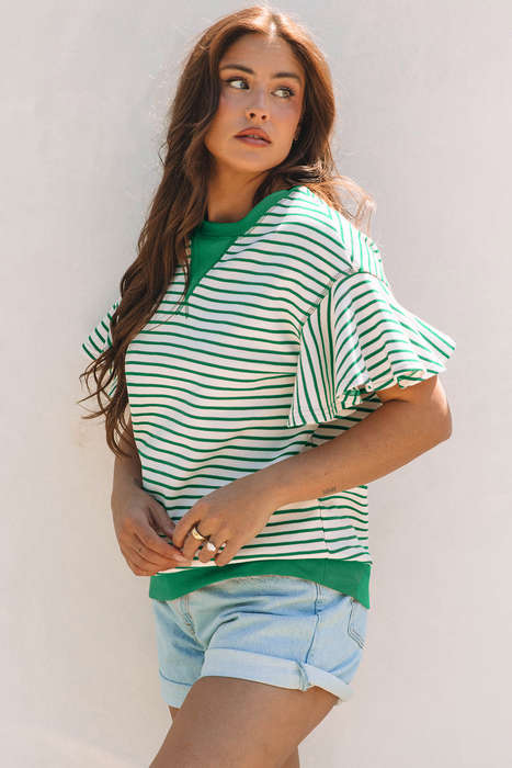 Bright Green Contrast Detail Striped Ruffle Short Sleeve Top
