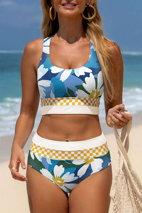 Green Floral Print Racerback Cutout High Waist 2pcs Bikini