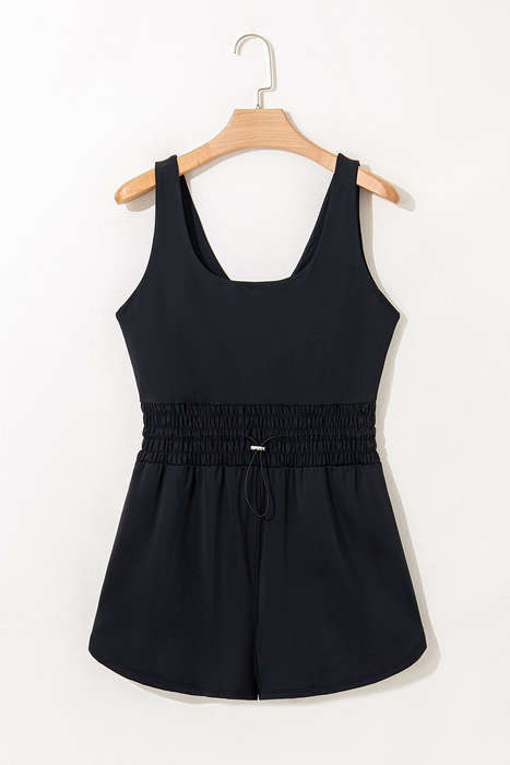 Black Plain Sleeveless Loop Drawstring Cinched Waist Romper