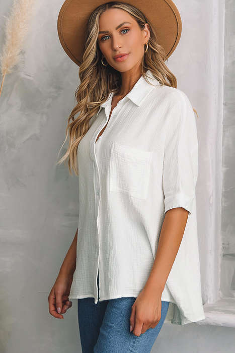 White Textured Cotton Gauze Single Chest Pocket 3 4 Sleeve Oversize Shirt
