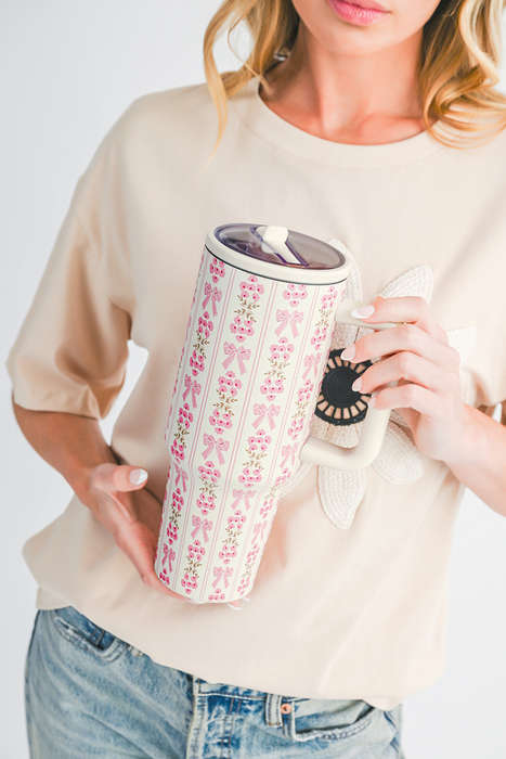 White Sweet Bow Flower Print Straw Insert Tumbler Cup 40oz