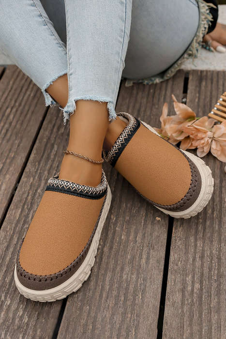 Coffee Contrast Stitch Detail Faux Suede PU Patchwork Plush Winter Clog Slippers