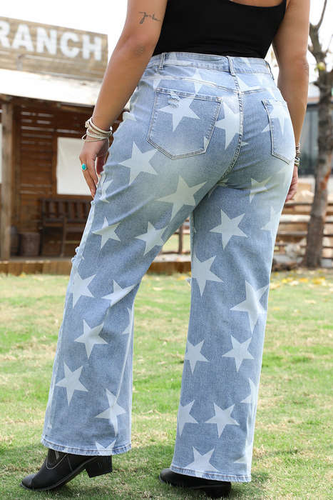 Sky Blue Star Printed Multi Buttons Slit Knee Destroyed Plus Size Jeans