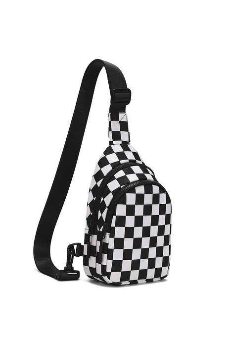Black Checkered Print Zip Front Sling Backpack Crossbody Bag