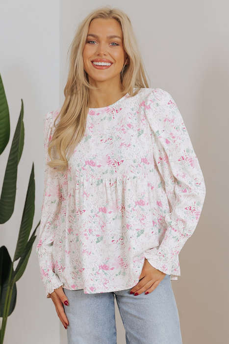 Pink Floral Print Shirred Balloon Sleeve Keyhole Back Babydoll Blouse