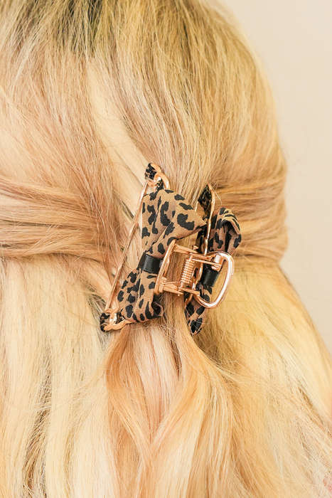 Camel Leopard Print Bow Decor Alloy Hair Claw Clip