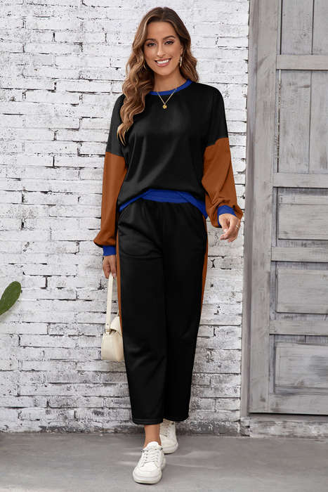 Black 2pcs Color Block Pullover Loose Pant Set