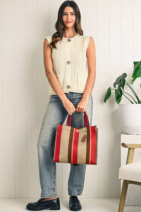 Coffee Random Cutting Color Block Canvas Large Tote Bag