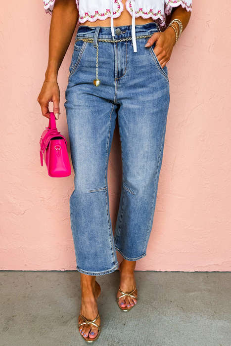 Dusk Blue Seam Detail Ankle Length Cropped BarrelJeans